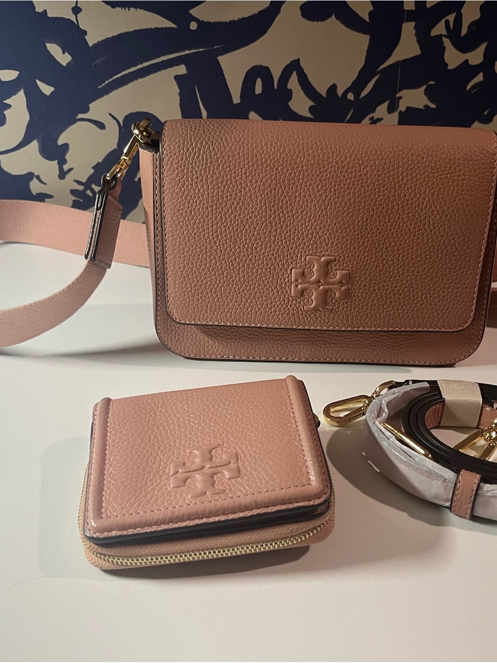 Tory Burch Dusty Pink Pebbled Leather Crossbody with Matching Wallet extra Strap